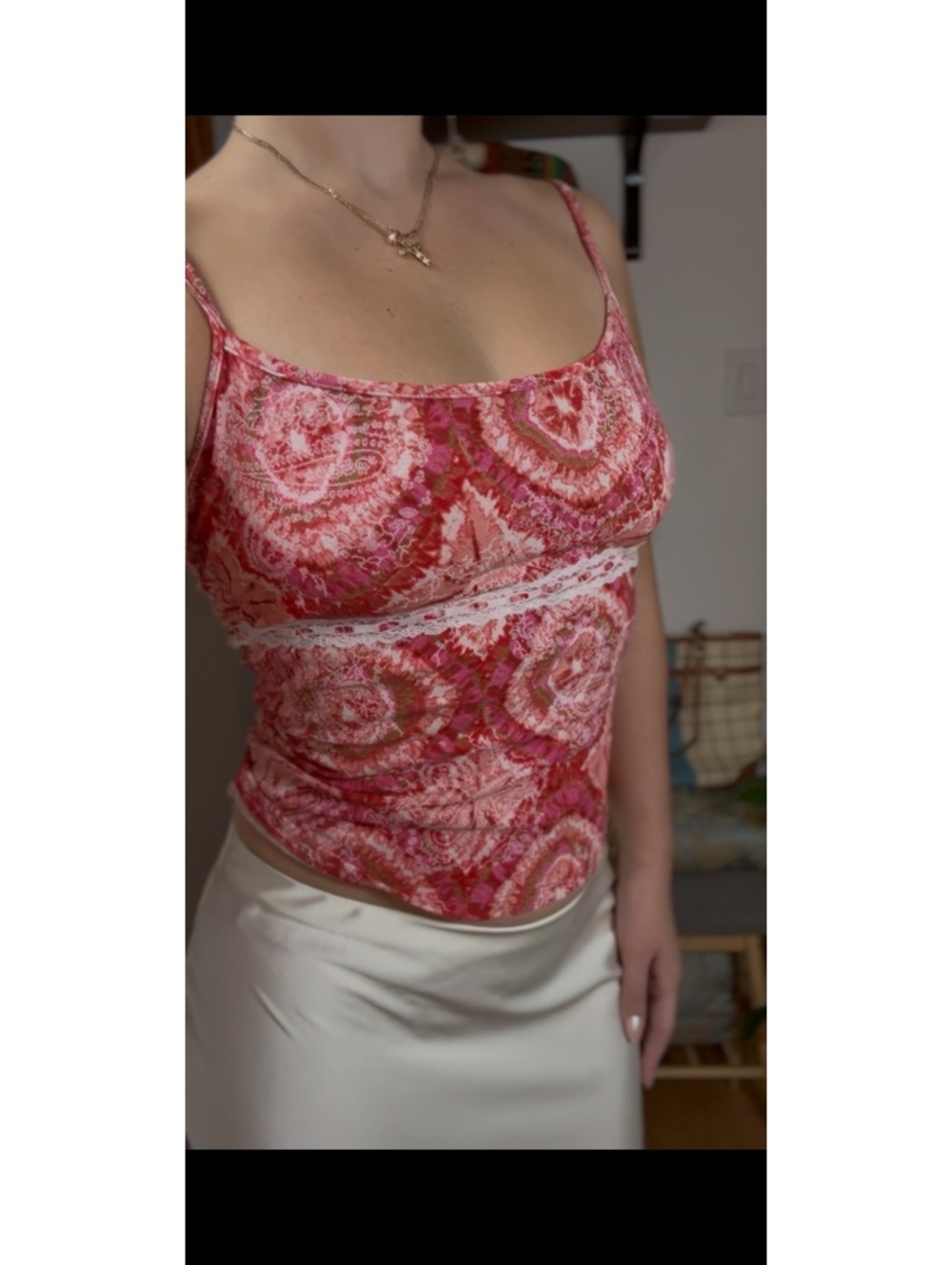 Vintage  Pink and Red Patterned Spaghetti Strap Tank Top